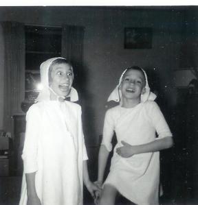 Earlier game of moon howling, dressed in our old baby swaddling.